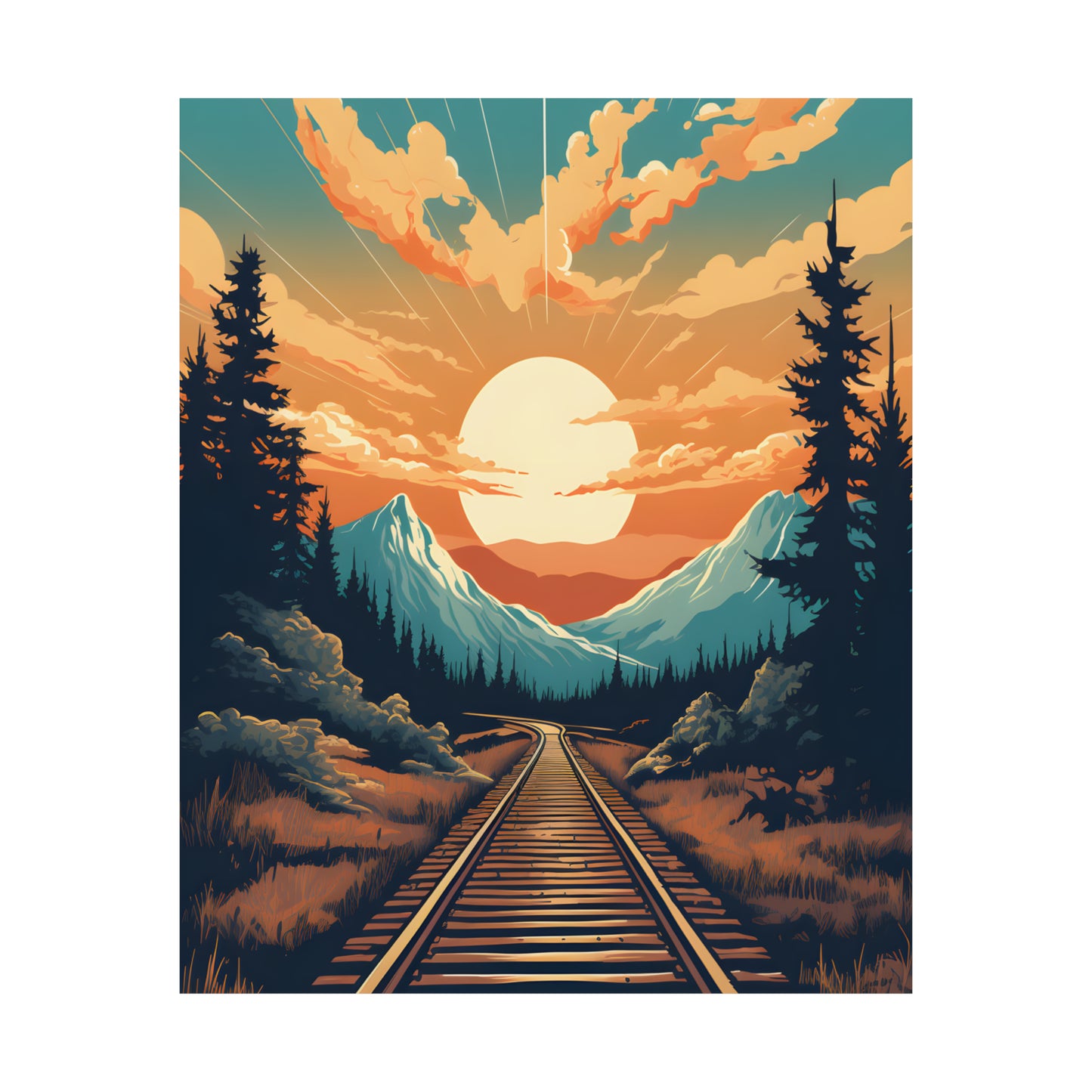 Mountain, Sunset and Train Track view Matte Vertical Posters