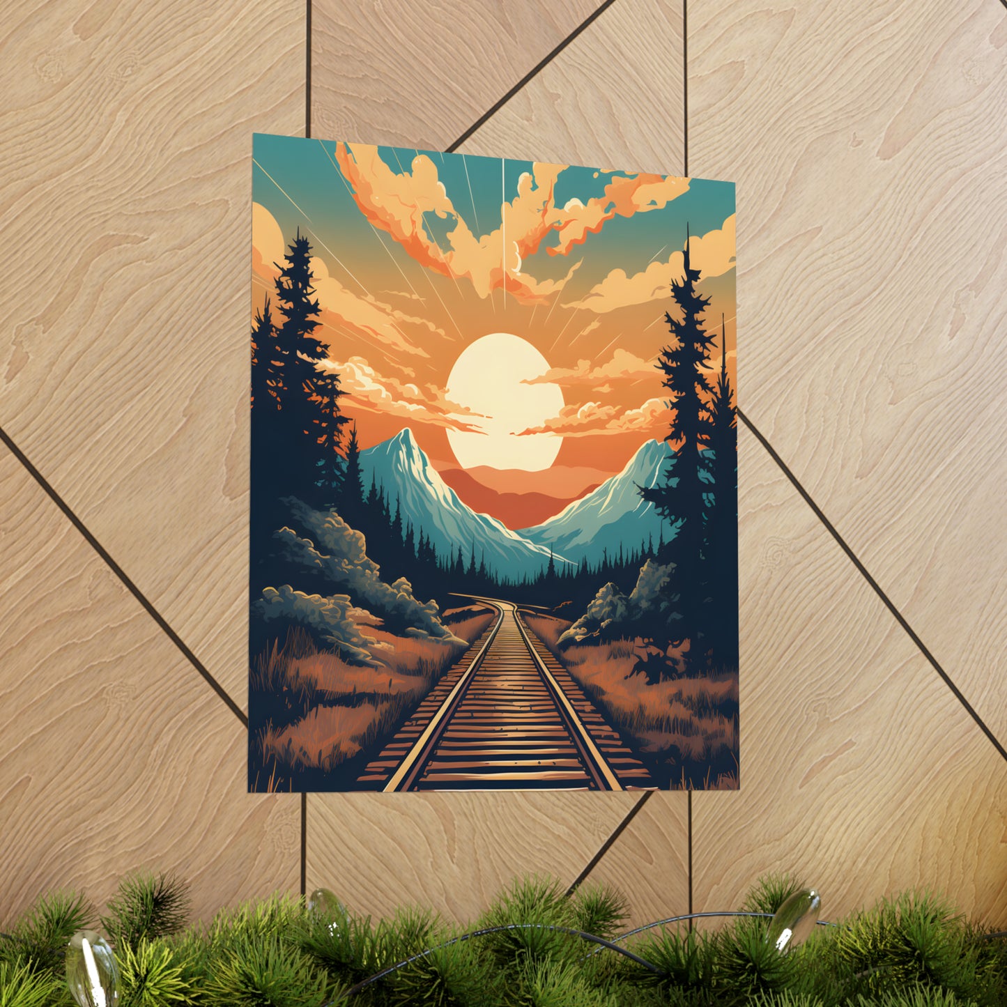 Mountain, Sunset and Train Track view Matte Vertical Posters