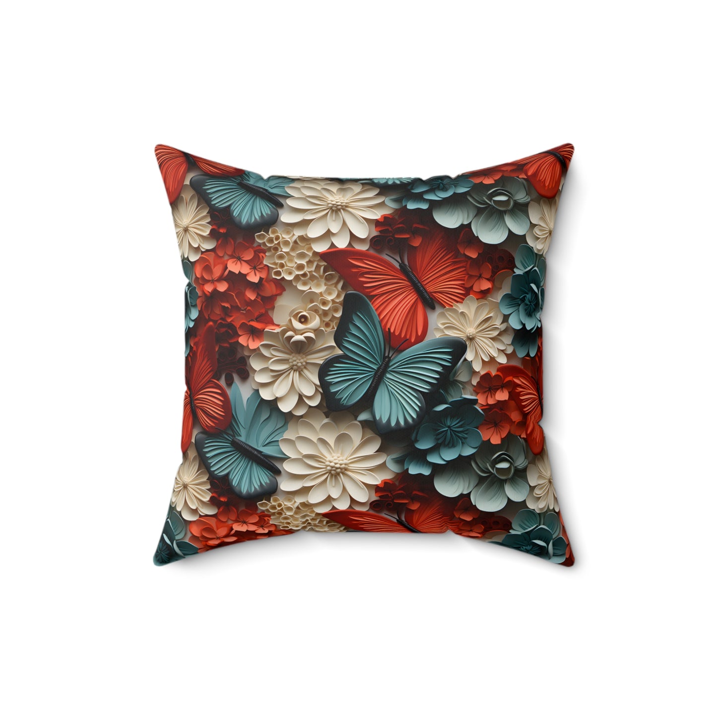 3D Butterflies and Flowers Spun Square Pillow