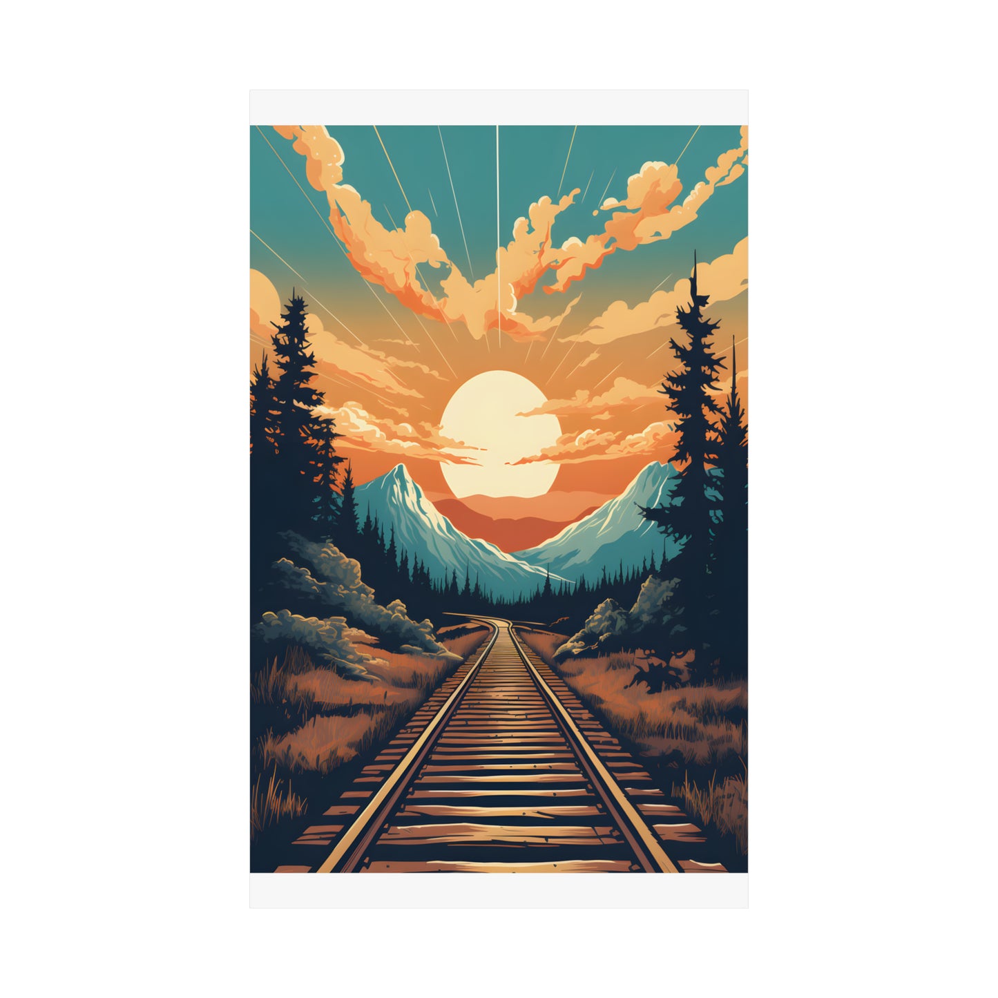 Mountain, Sunset and Train Track view Matte Vertical Posters