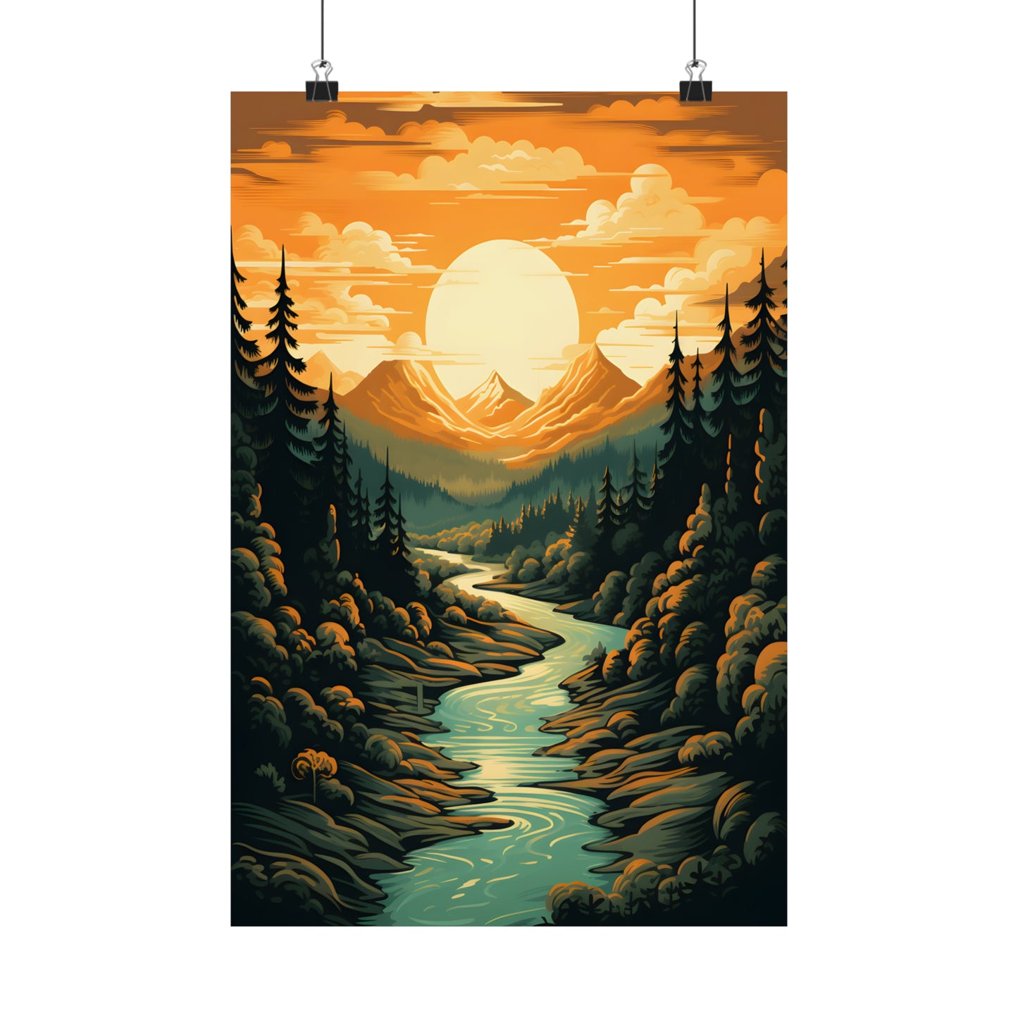 Mountain, River and Sunset view Matte Vertical Posters