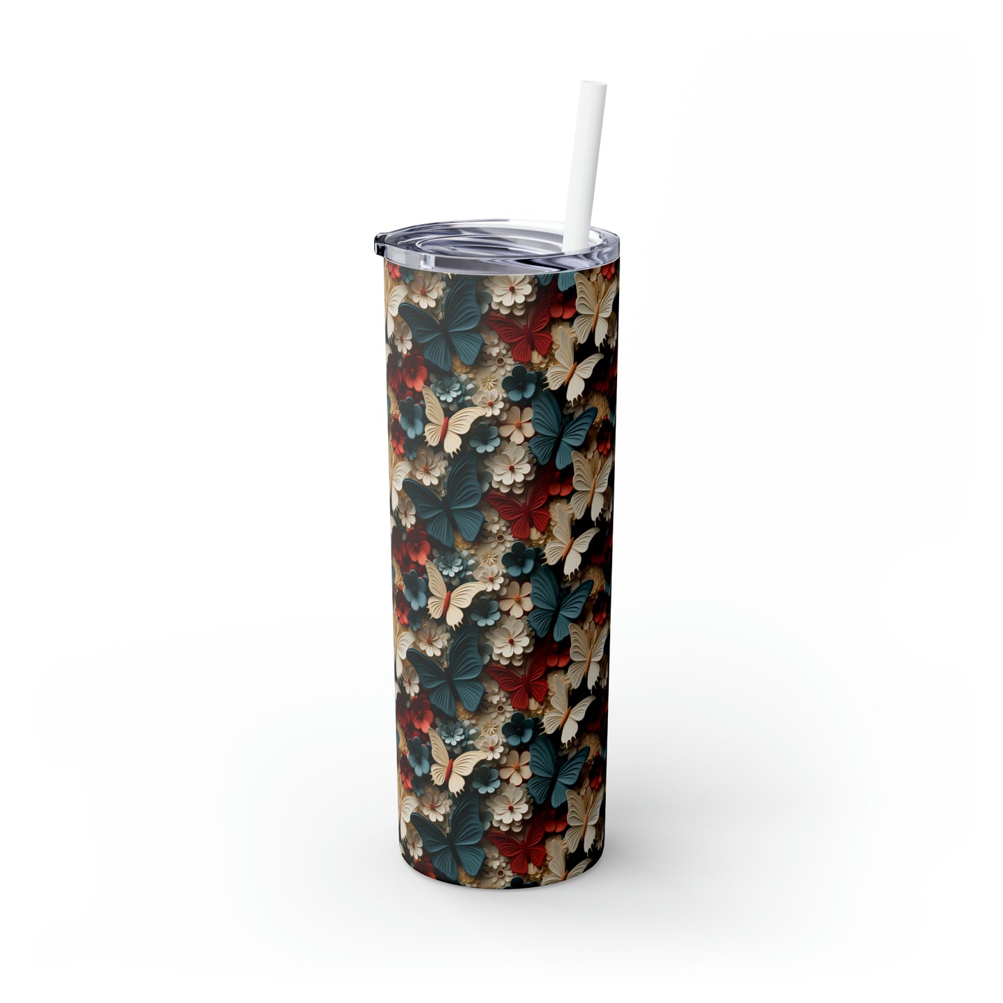 3D Flowers and Butterflies Skinny Tumbler with Straw, 20oz