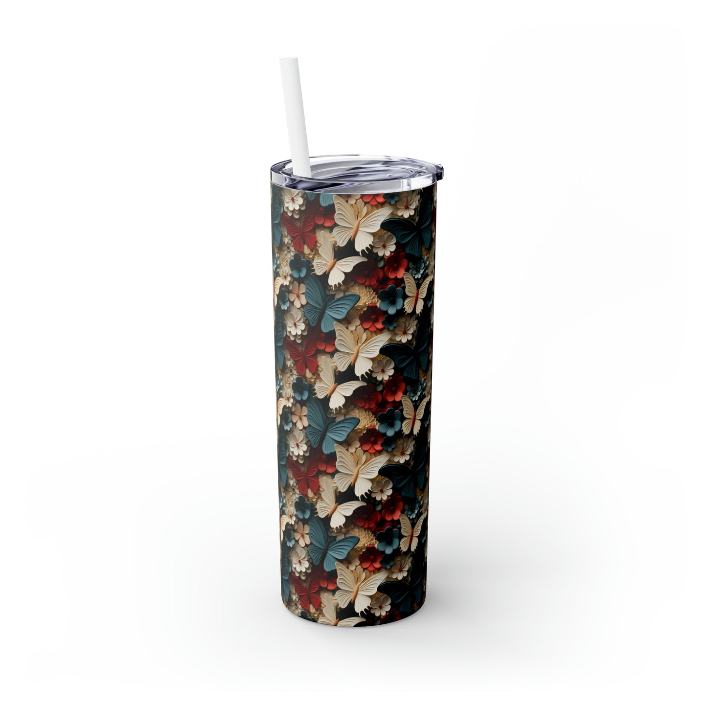 3D Flowers and Butterflies Skinny Tumbler with Straw, 20oz