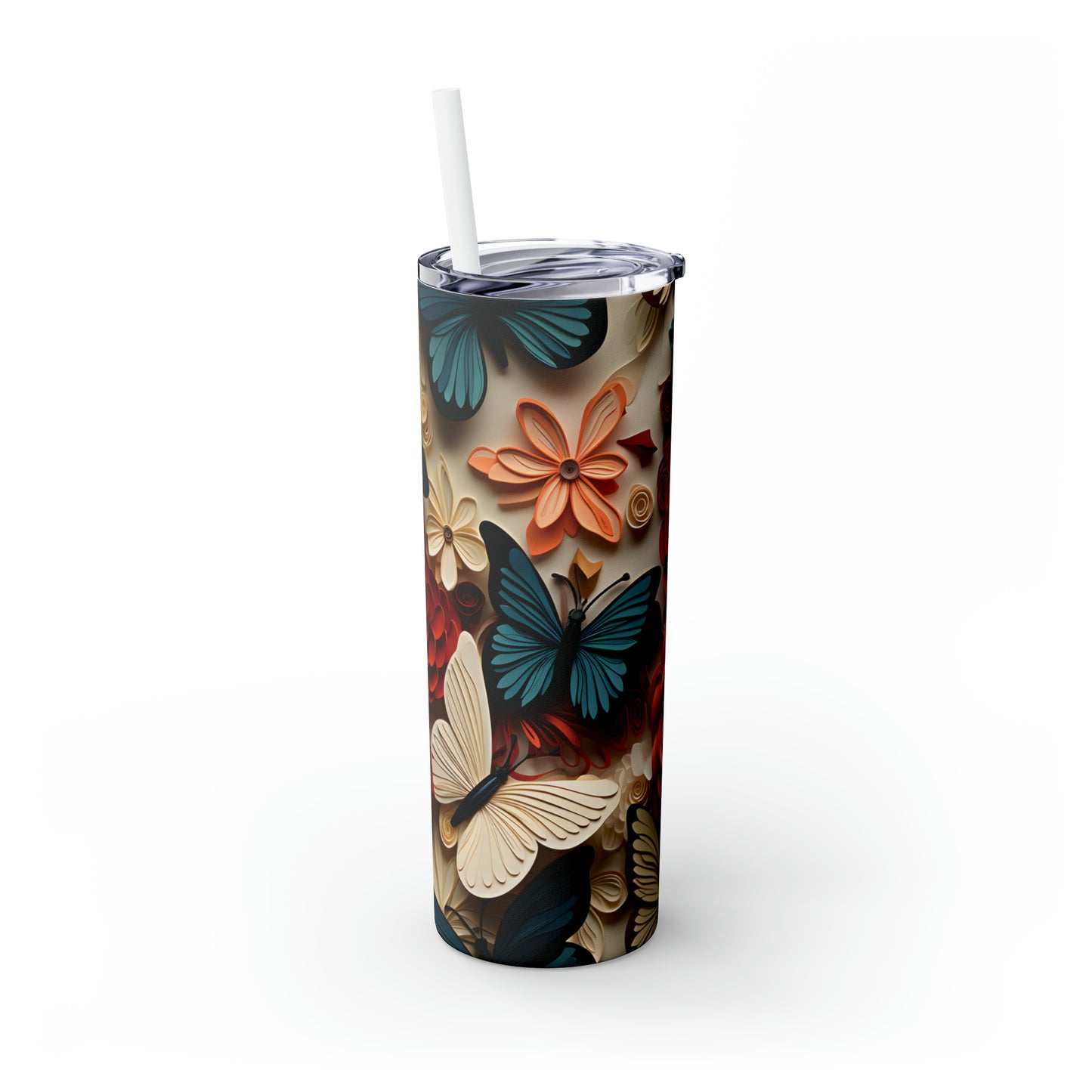 3D Flowers and Butterflies Skinny Tumbler with Straw, 20oz