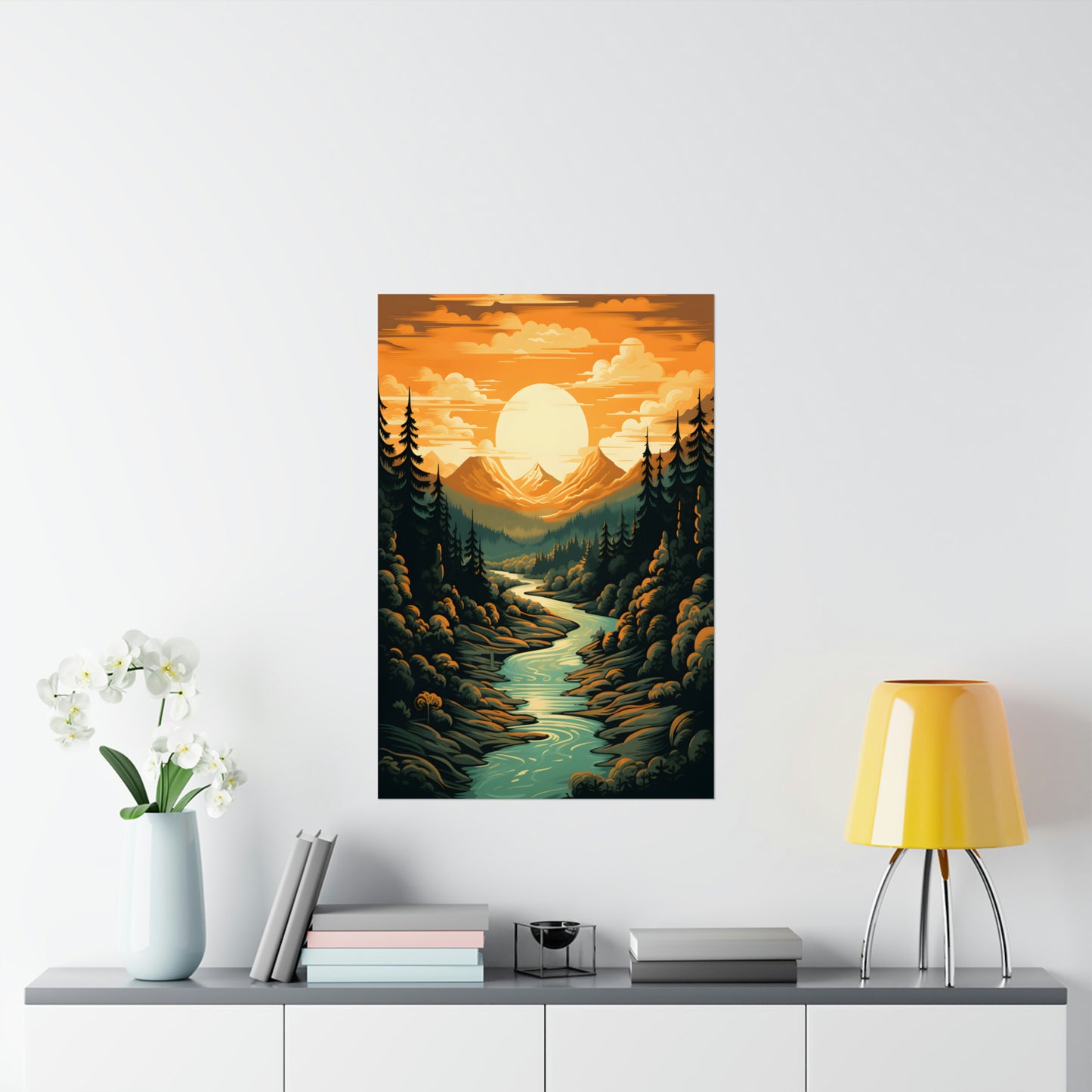 Mountain, River and Sunset view Matte Vertical Posters