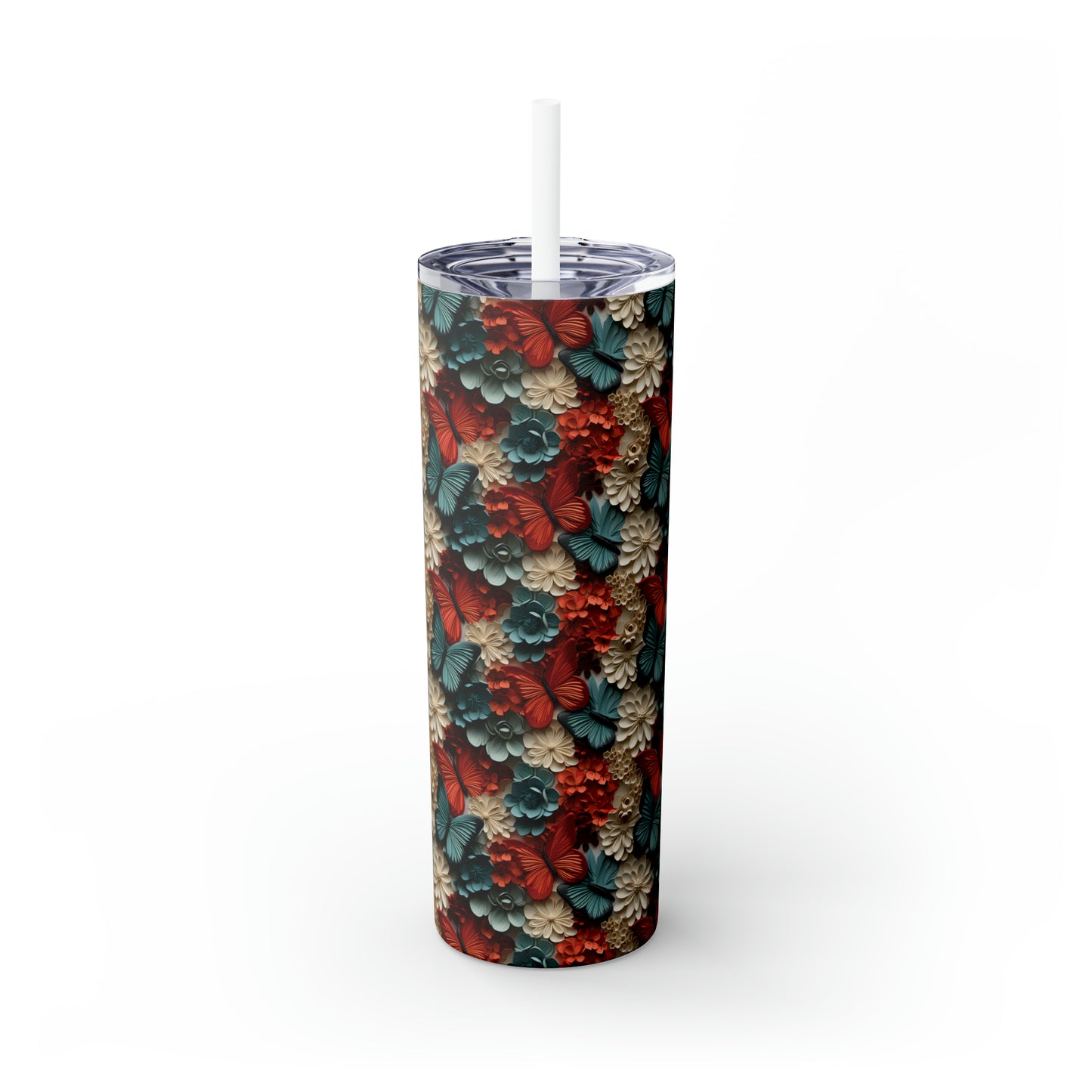 3D Flowers and Butterflies Skinny Tumbler with Straw, 20oz