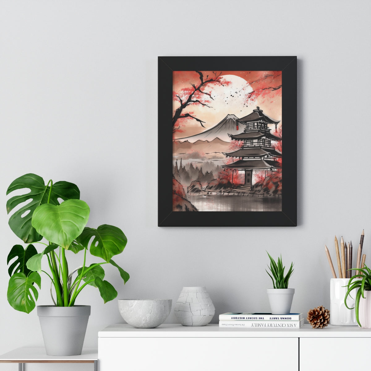 Japanese Pagoda Art Print with Mountain View Decor