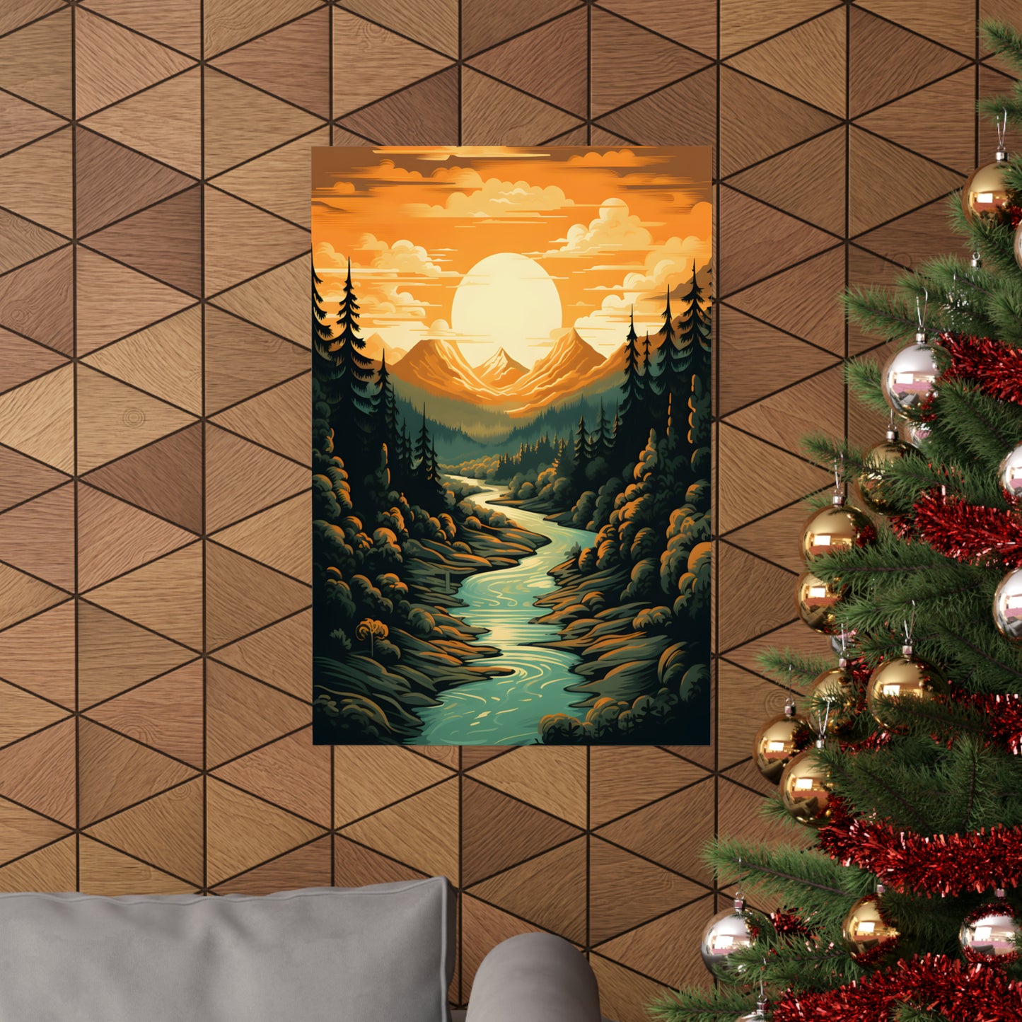 Mountain, River and Sunset view Matte Vertical Posters