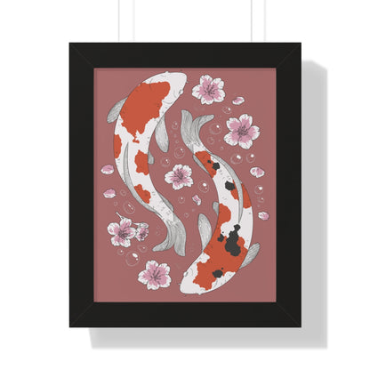 Koi Fish and Floral Artwork Black Framed Wall Decor