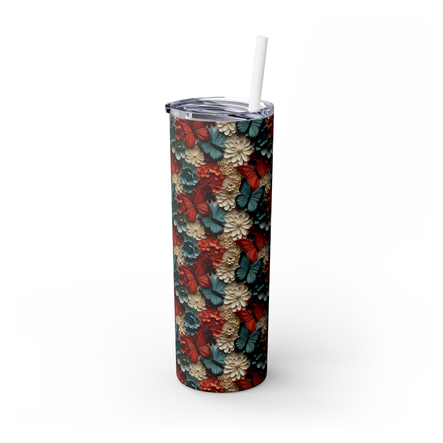 3D Flowers and Butterflies Skinny Tumbler with Straw, 20oz