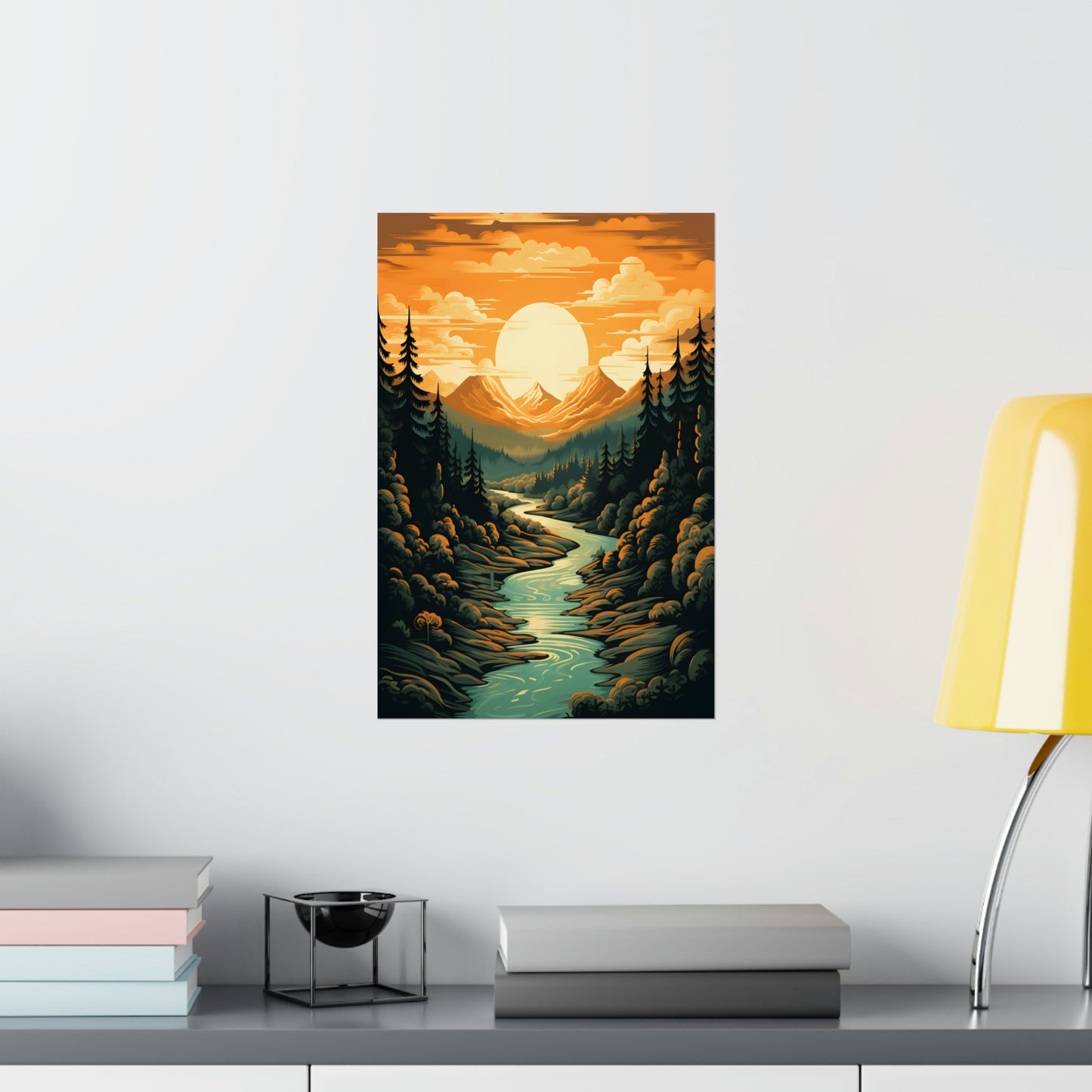 Mountain, River and Sunset view Matte Vertical Posters