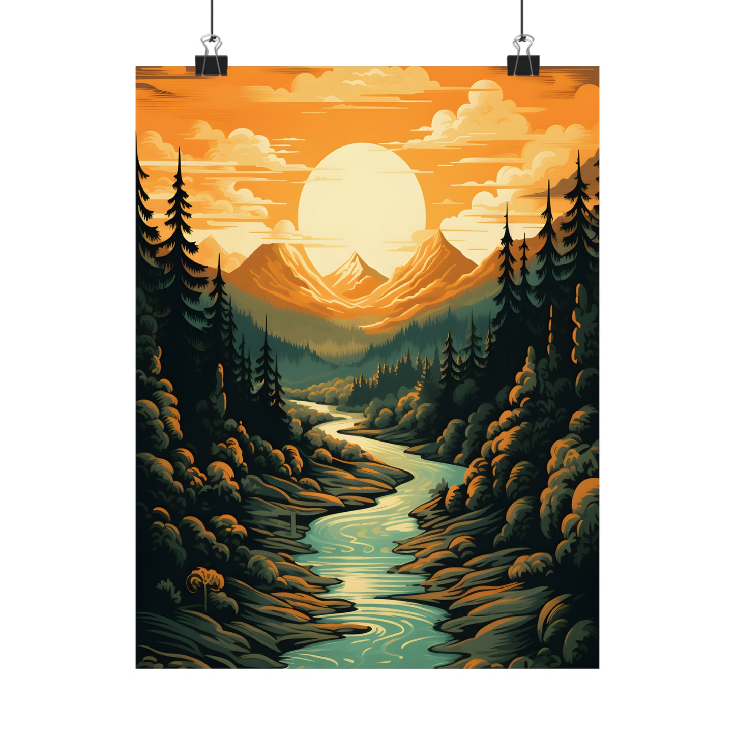 Mountain, River and Sunset view Matte Vertical Posters