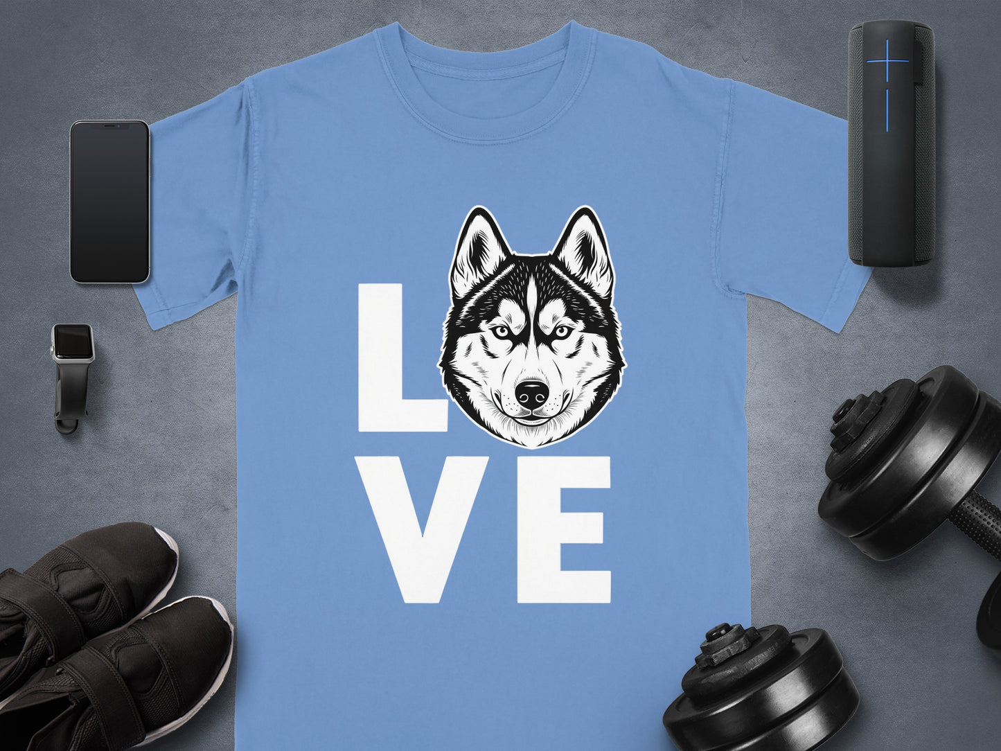 Love Husky Graphic on Light Blue T-shirt