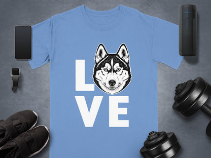 Love Husky Graphic on Light Blue T-shirt