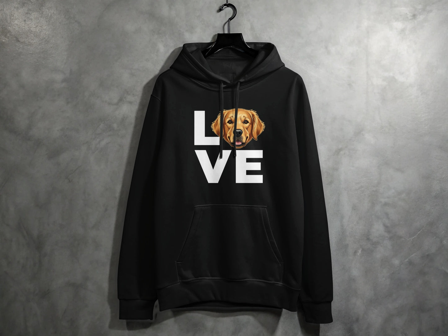 Cozy Black Hoodie with Cute Dog Love Graphic Design