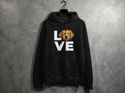 Cozy Black Hoodie with Cute Dog Love Graphic Design