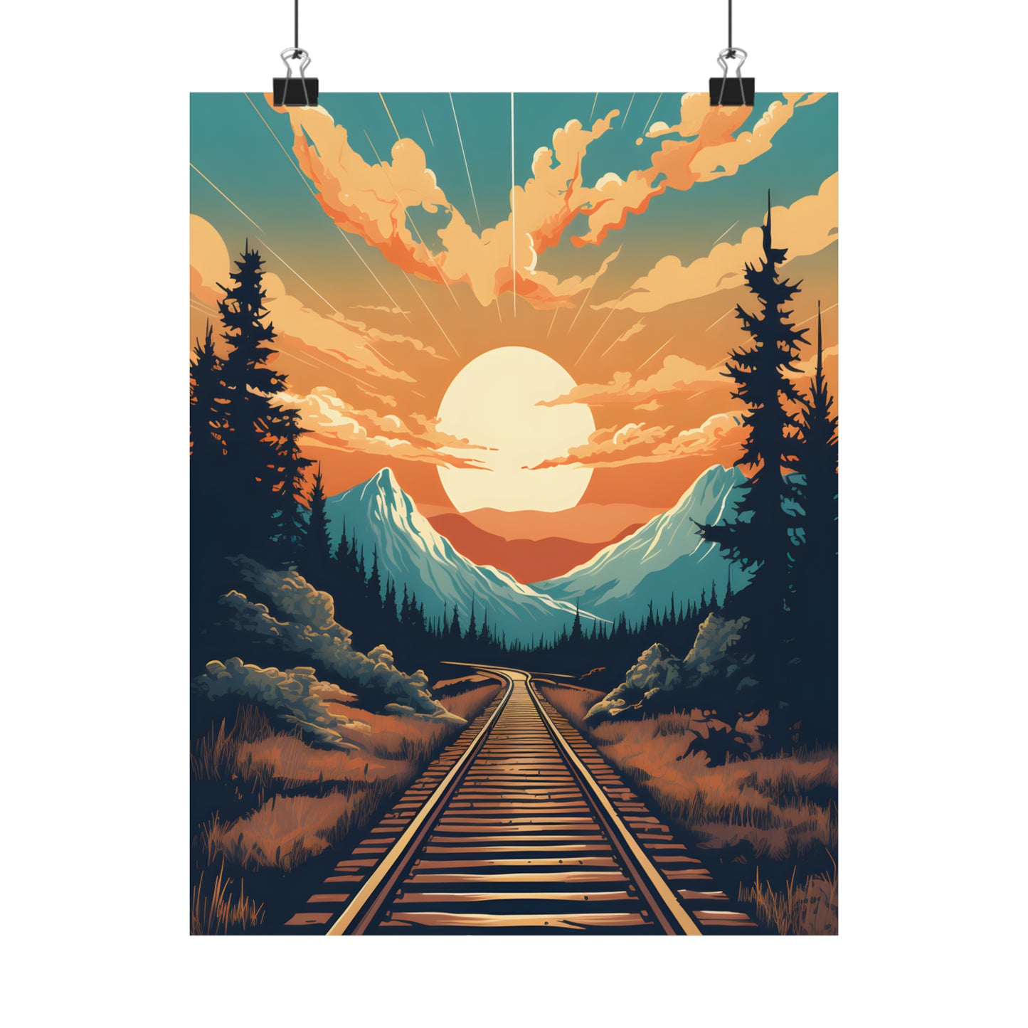 Mountain, Sunset and Train Track view Matte Vertical Posters