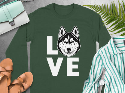 Green Long Sleeve Shirt with Husky Dog LOVE Design