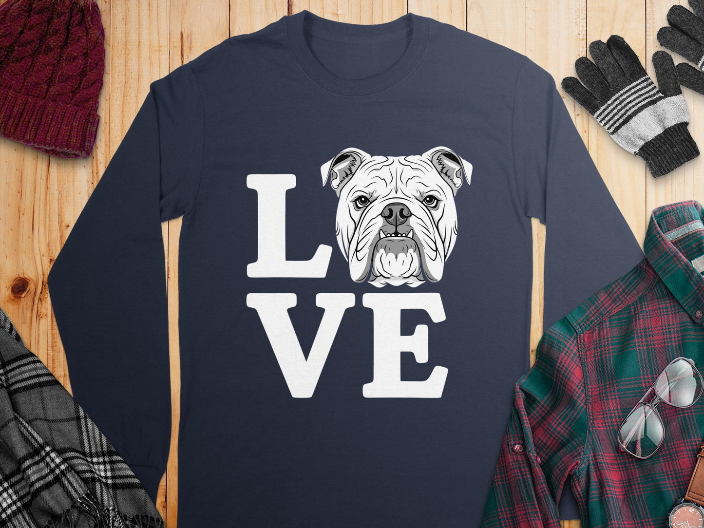 Long Sleeve Shirt with Bulldog Love Graphic Design