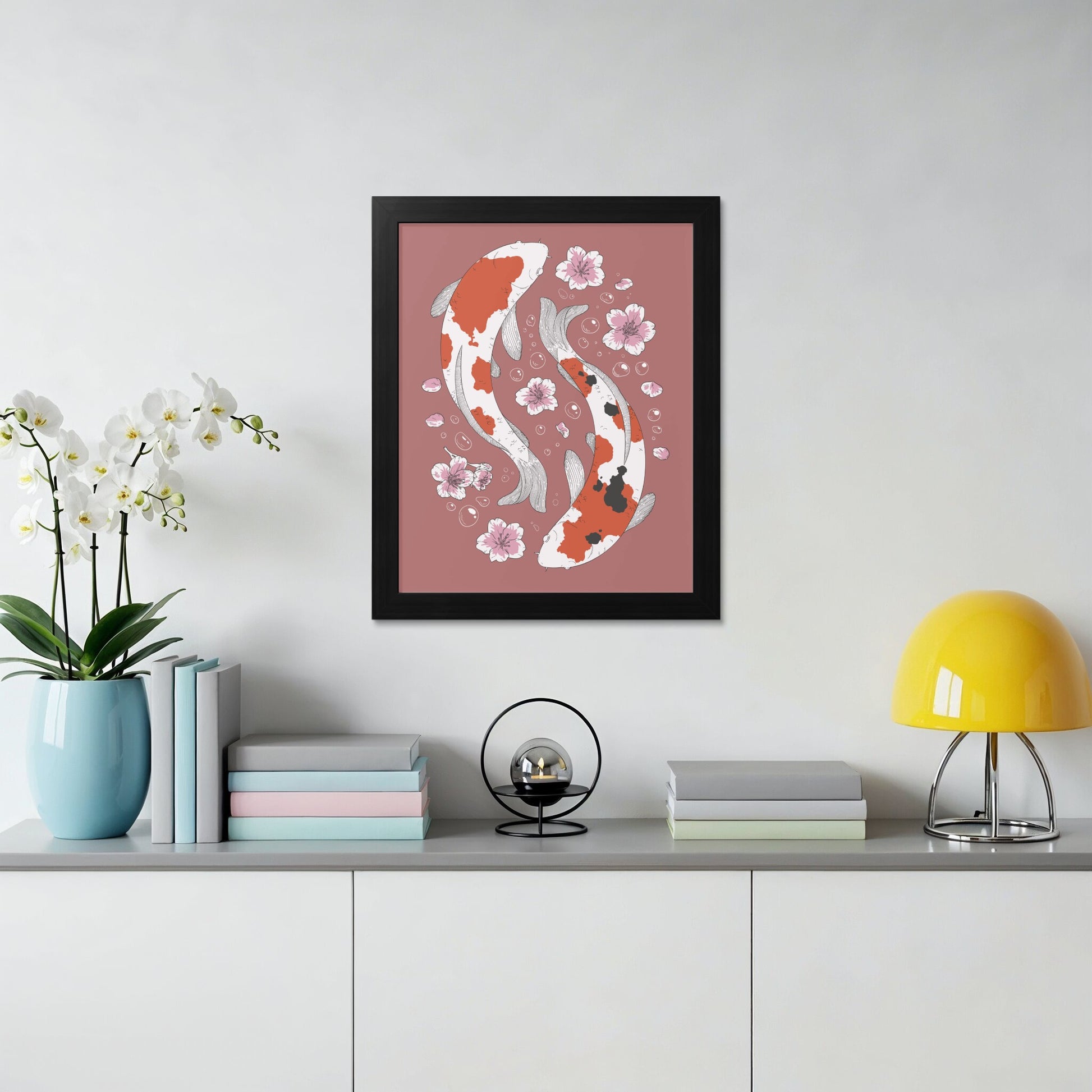 Koi Fish and Blossoms Framed Art Print Wall Decor