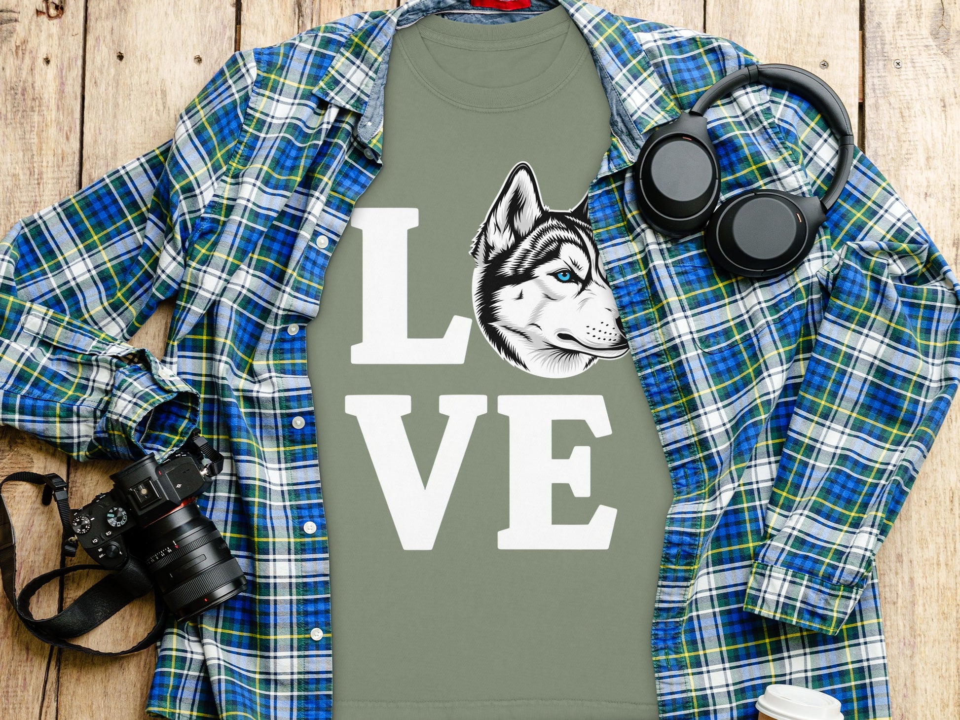 Love Husky Graphic Shirt with Plaid Shirt Combo