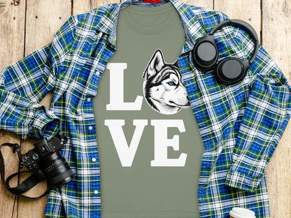 Love Husky Graphic Shirt with Plaid Shirt Combo