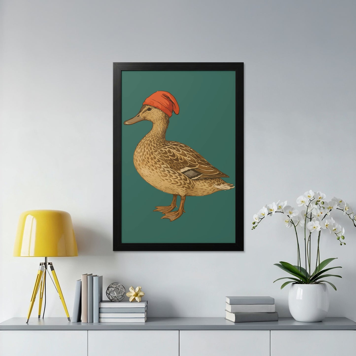 Duck with Red Hat Wall Art Print for Home Decor